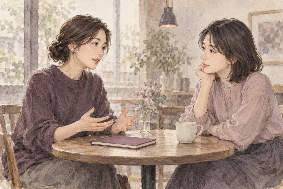 閉じたノートとカップを置いた机で、落ち着いて話をする二人のイラスト