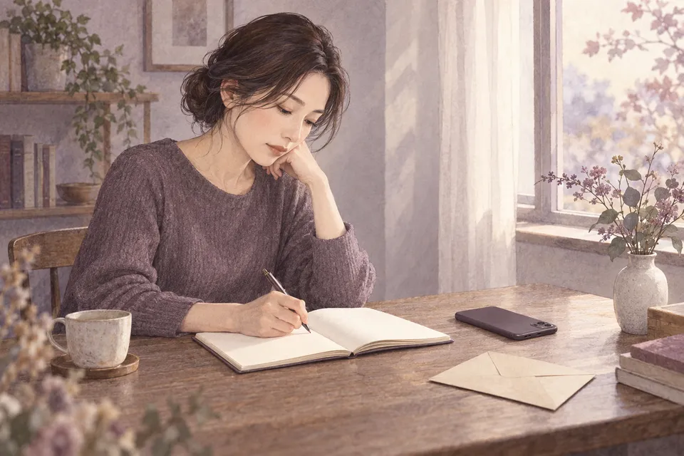 閉じたスマートフォンを脇に置き、気持ちや出来事をノートに整理する人のイラスト